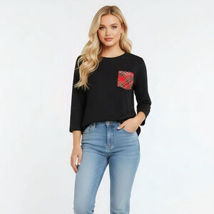 Quacker Factory XS Black with Red Tartan Plaid Pocket 3/4 Sleeve Tunic Shirt